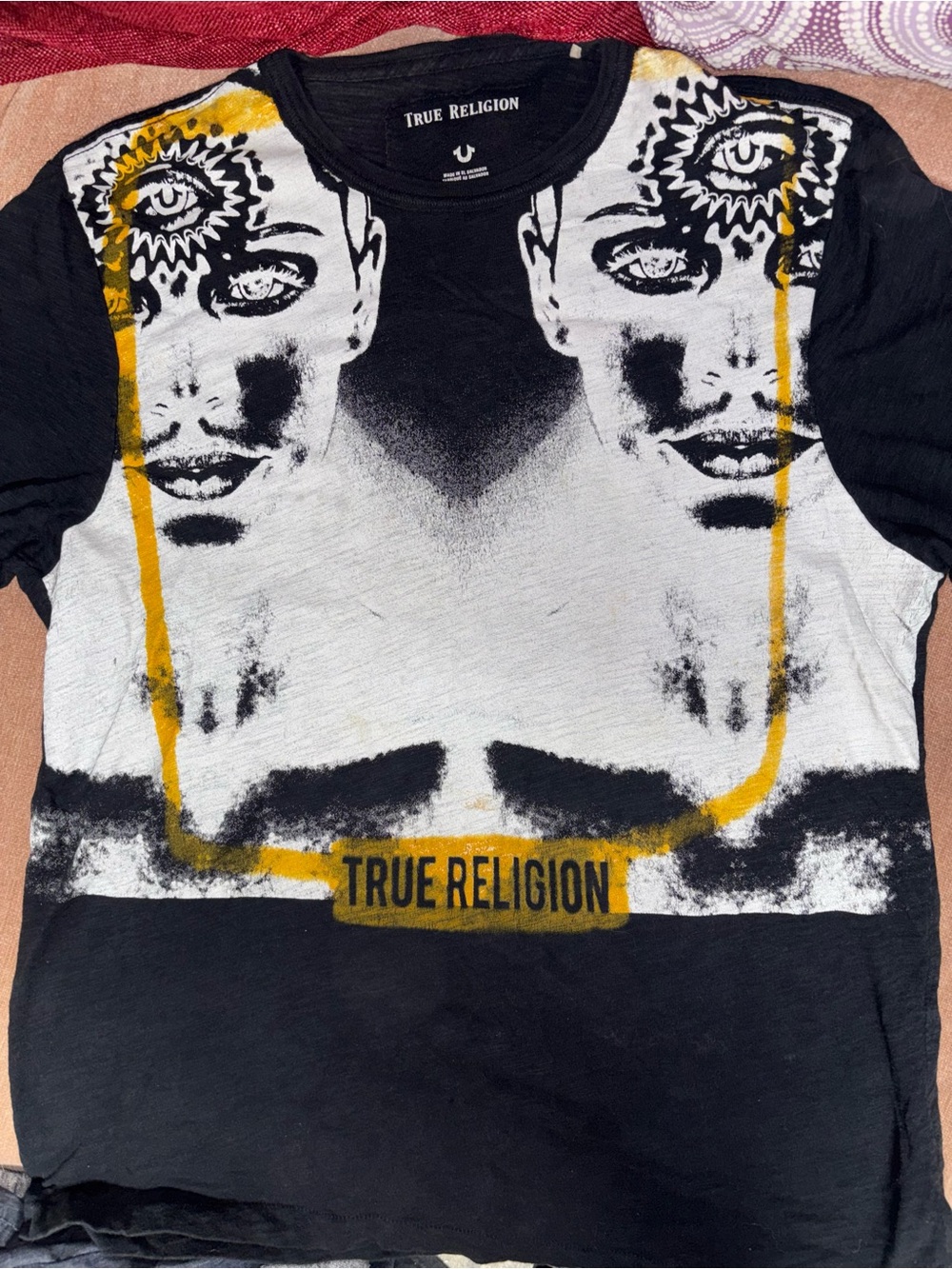 True Religion Black White Tee with Yellow Frame Graphic